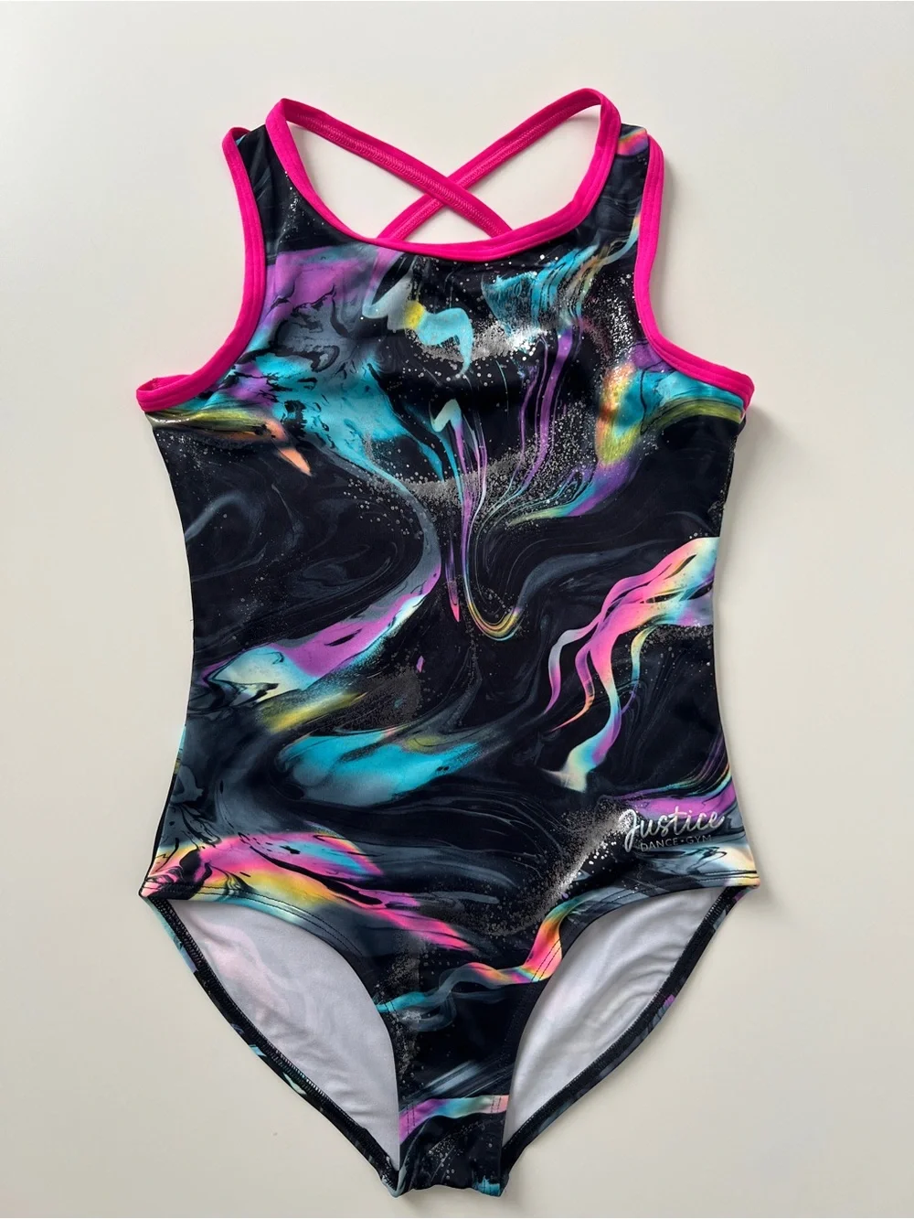 Justice Dance Gym Leotard Girls M 10 Black Neon Marble Gymnastics Dance
